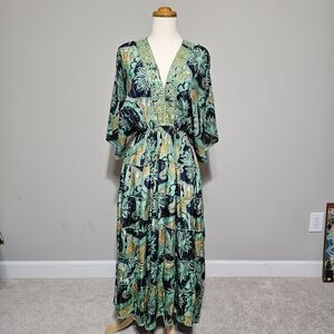 Turquoise Paisley Boho Maxi Dress Kimono Sleeves Small
